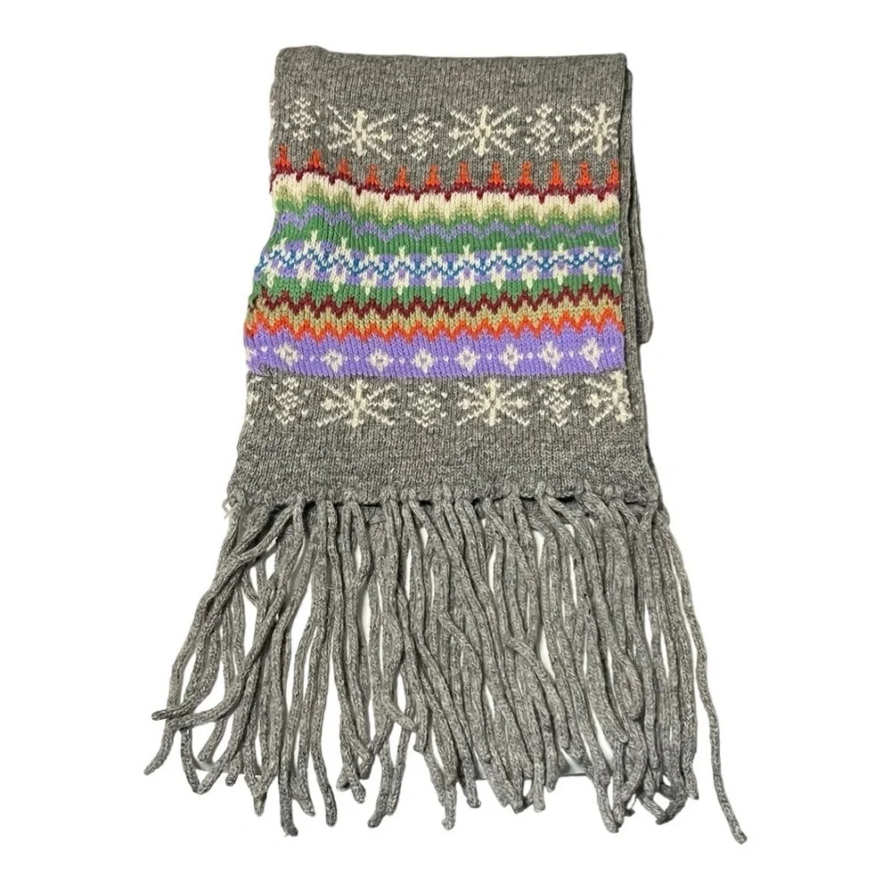 Steve & Barry’s Gray Nordic Fringe Knit Scarf 65” Lambswool Blend